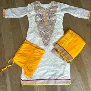 White and yellow salwar suit with Zari threadwork